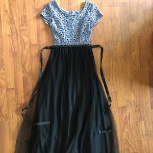 Modest Prom Dress, Silver and Black with removable belt, Size extra Small